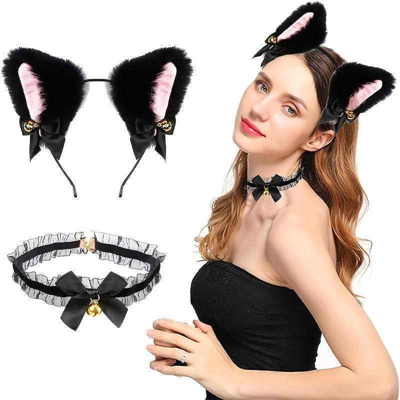 Cat Ears Hair Hoop & Bow Lace Choker Set