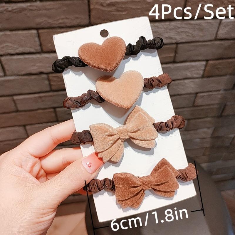 4pcs Coffee Hair Tie Plush Leather Headband Bow Headdress