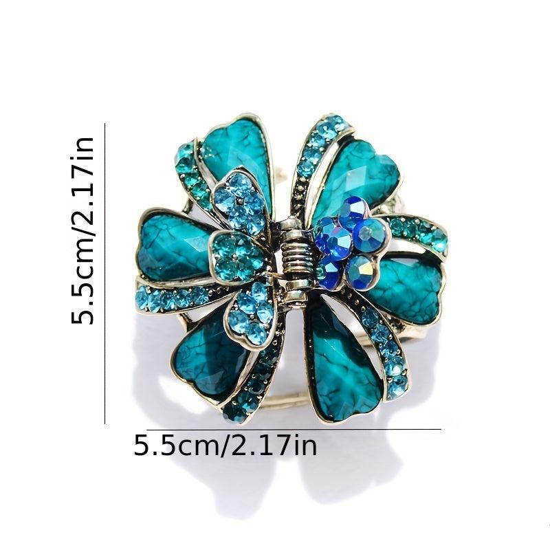 Vintage Turquoise Rhinestone Flower Hair Claw Clip
