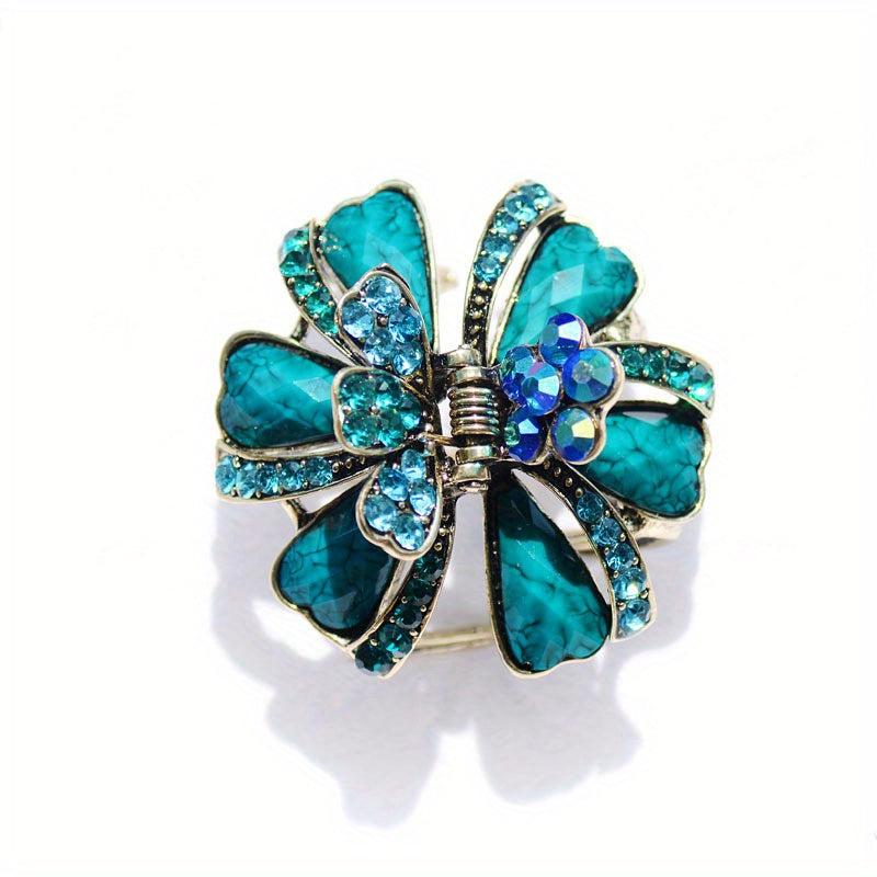Vintage Turquoise Rhinestone Flower Hair Claw Clip