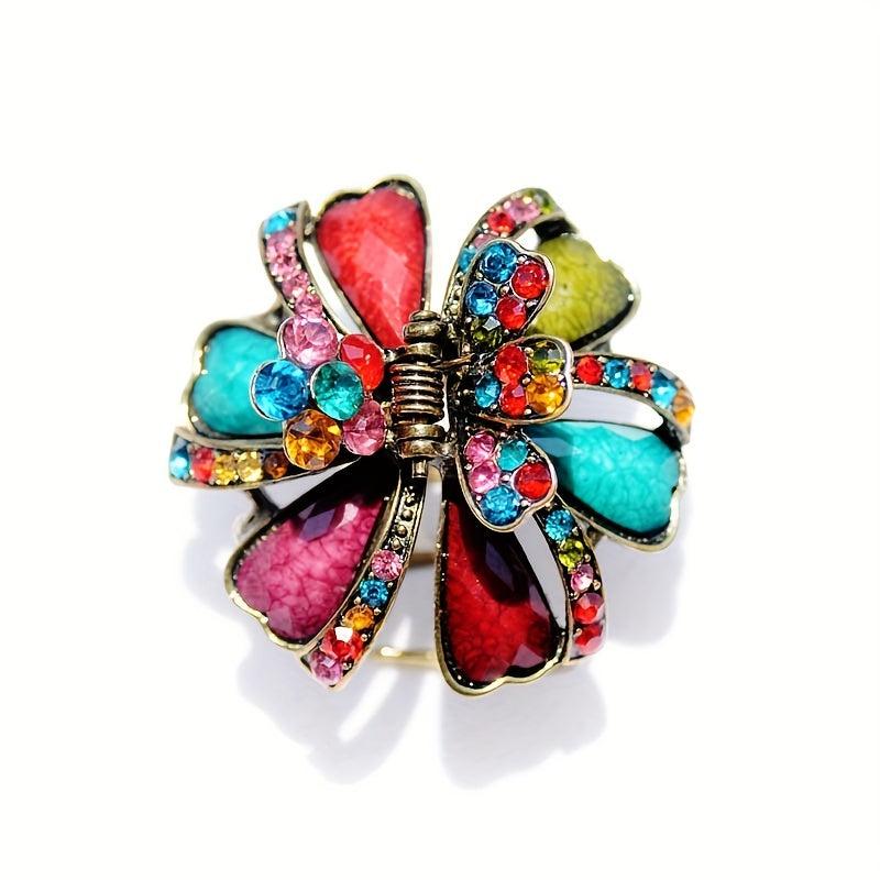 Vintage Turquoise Rhinestone Flower Hair Claw Clip