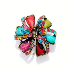 Vintage Turquoise Rhinestone Flower Hair Claw Clip