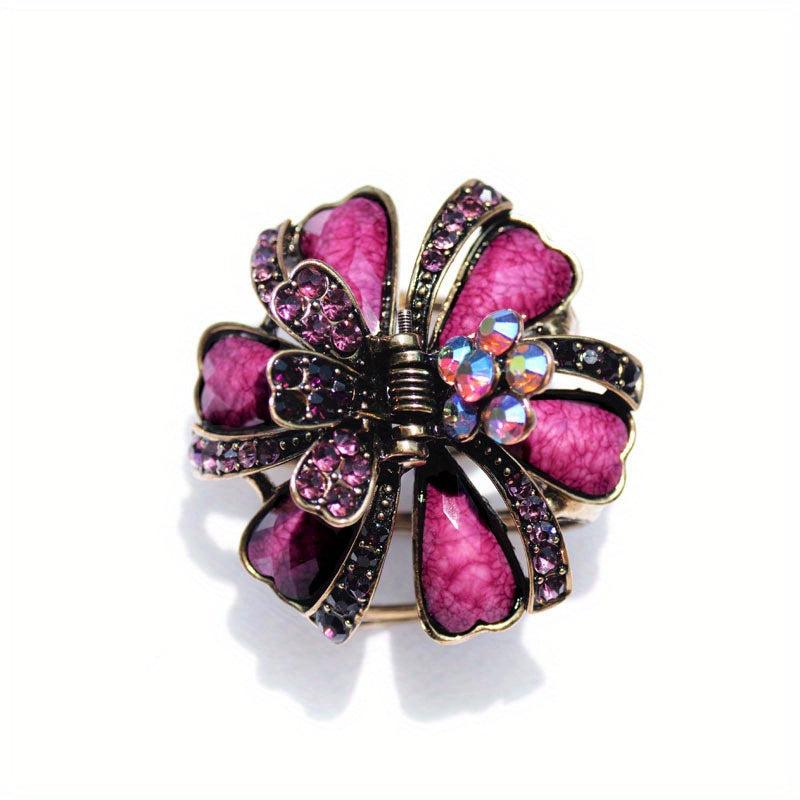 Vintage Turquoise Rhinestone Flower Hair Claw Clip