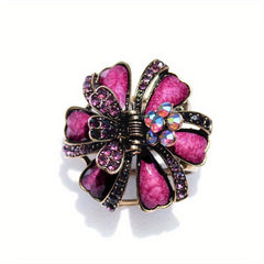 Vintage Turquoise Rhinestone Flower Hair Claw Clip