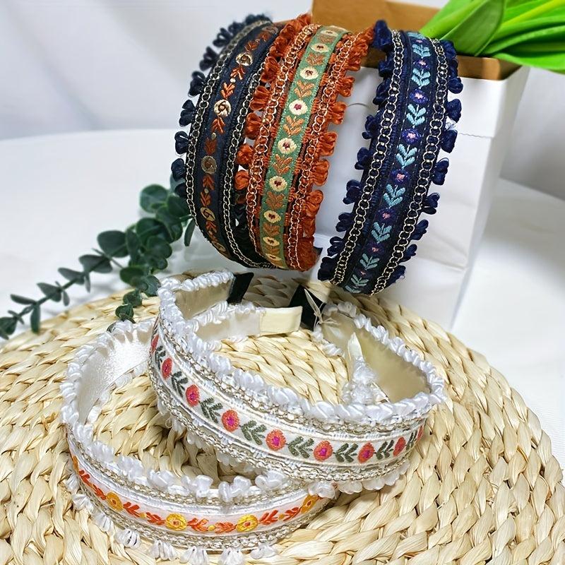 Boho Embroidery Headband Wide Head Hoop Retro Style Headdress Hair Accessories