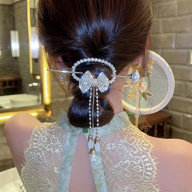 Rhinestone Bow Hairpin w/ Faux Pearl Tassel Glitter Hair Cuff Clip for Ponytail