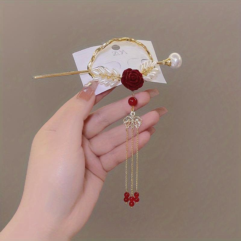 Rhinestone Bow Hairpin w/ Faux Pearl Tassel Glitter Hair Cuff Clip for Ponytail