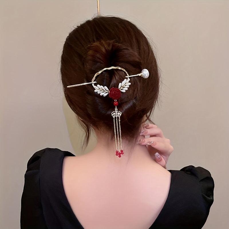 Rhinestone Bow Hairpin w/ Faux Pearl Tassel Glitter Hair Cuff Clip for Ponytail