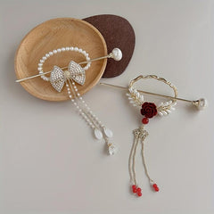 Rhinestone Bow Hairpin w/ Faux Pearl Tassel Glitter Hair Cuff Clip for Ponytail