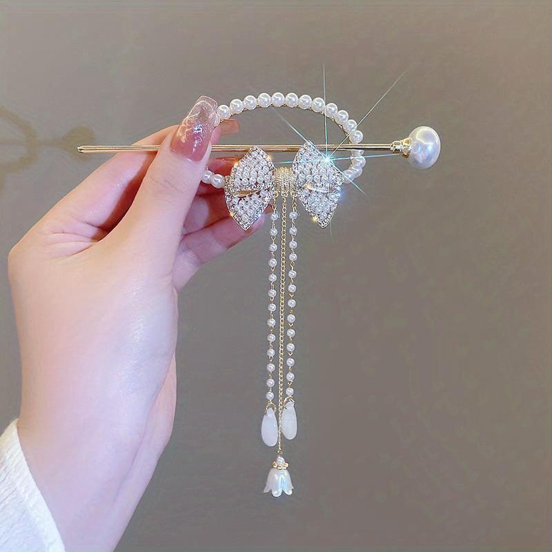 Rhinestone Bow Hairpin w/ Faux Pearl Tassel Glitter Hair Cuff Clip for Ponytail