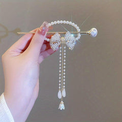 Rhinestone Bow Hairpin w/ Faux Pearl Tassel Glitter Hair Cuff Clip for Ponytail