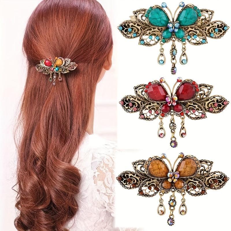Retro Butterfly Crystal Hair Clip Rhinestone Hollow Duck Billed Head Jewelry
