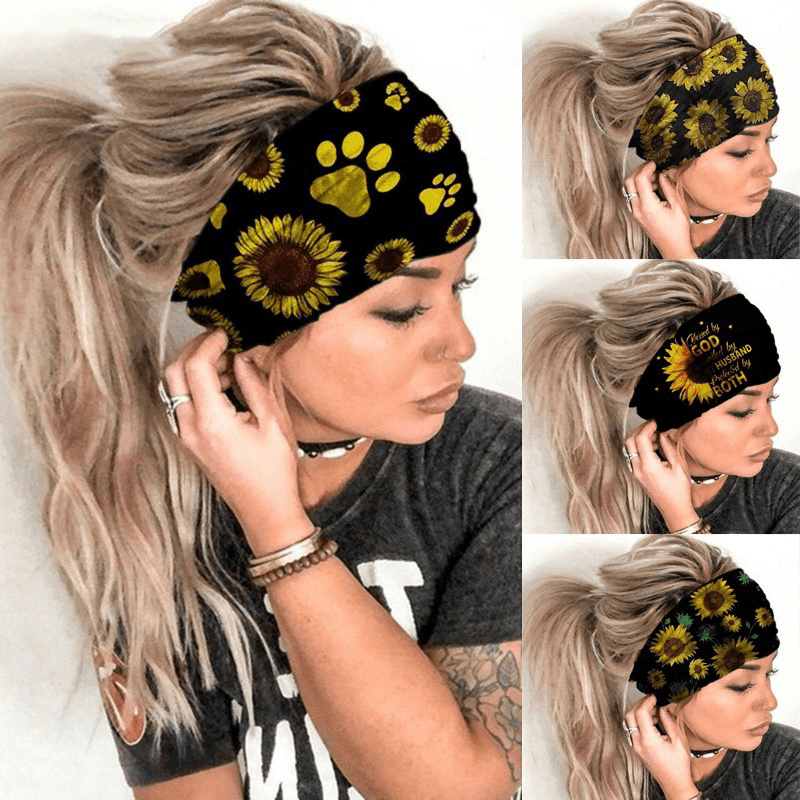 Sunflower Printed Headband Sports Yoga Sweat Absorption Elastic Hairband