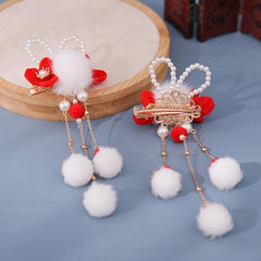 Vintage Red Flower Tassel Hairpin Fur Ball Clip Cheongsam Hair Accessory