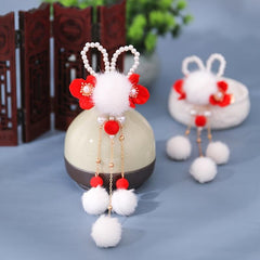 Vintage Red Flower Tassel Hairpin Fur Ball Clip Cheongsam Hair Accessory