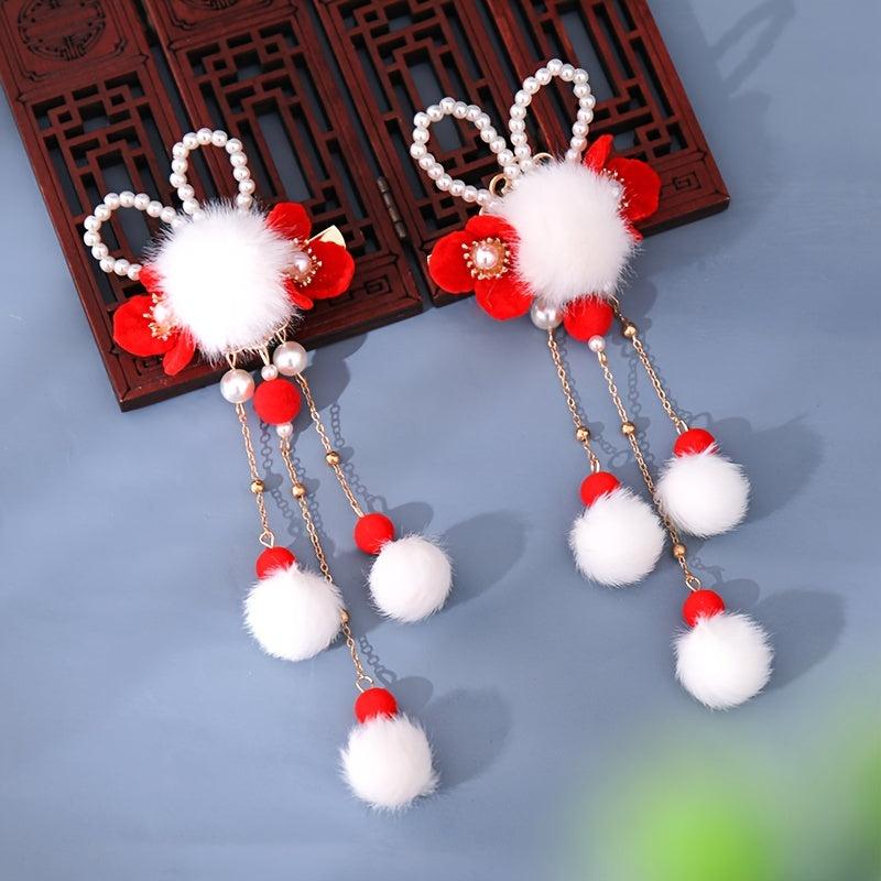 Vintage Red Flower Tassel Hairpin Fur Ball Clip Cheongsam Hair Accessory