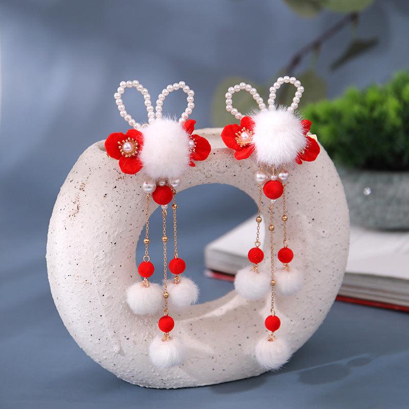 Vintage Red Flower Tassel Hairpin Fur Ball Clip Cheongsam Hair Accessory