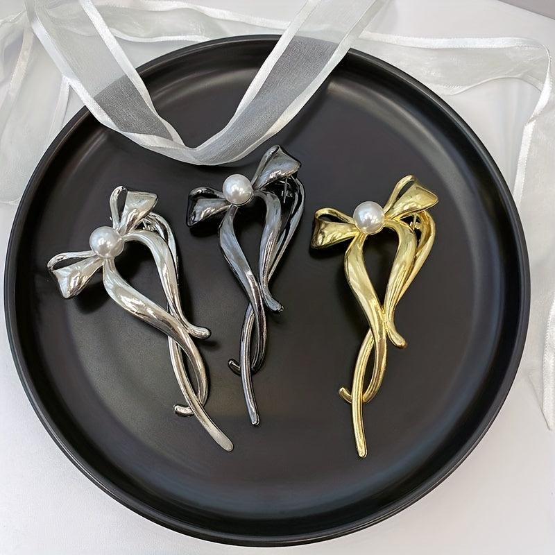 3pcs Silvery Bow Hair Claw Faux Pearl Clip