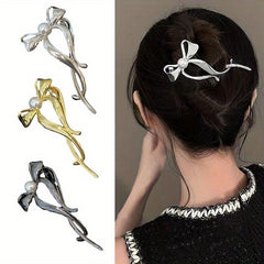 3pcs Silvery Bow Hair Claw Faux Pearl Clip