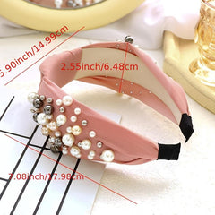 Solid Fabric Knotted Headband with Faux Pearl Hair Bow