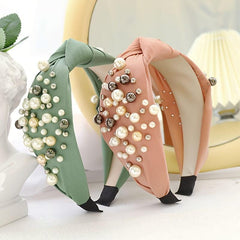 Solid Fabric Knotted Headband with Faux Pearl Hair Bow