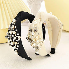 Solid Fabric Knotted Headband with Faux Pearl Hair Bow