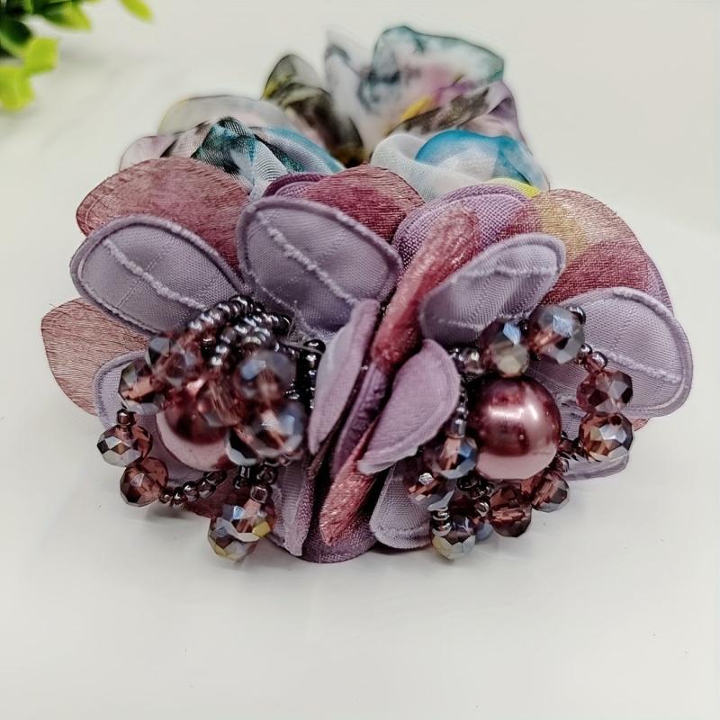 Beaded Flower Scrunchies Organza Hair Tie Colorful Hair Rope Faux Pearl Hair Rin