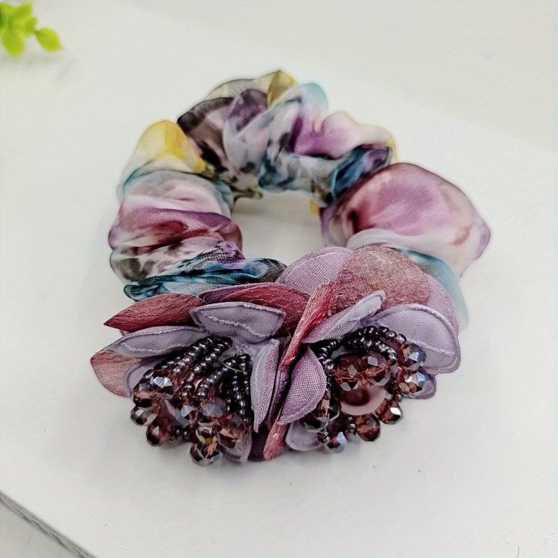 Beaded Flower Scrunchies Organza Hair Tie Colorful Hair Rope Faux Pearl Hair Rin