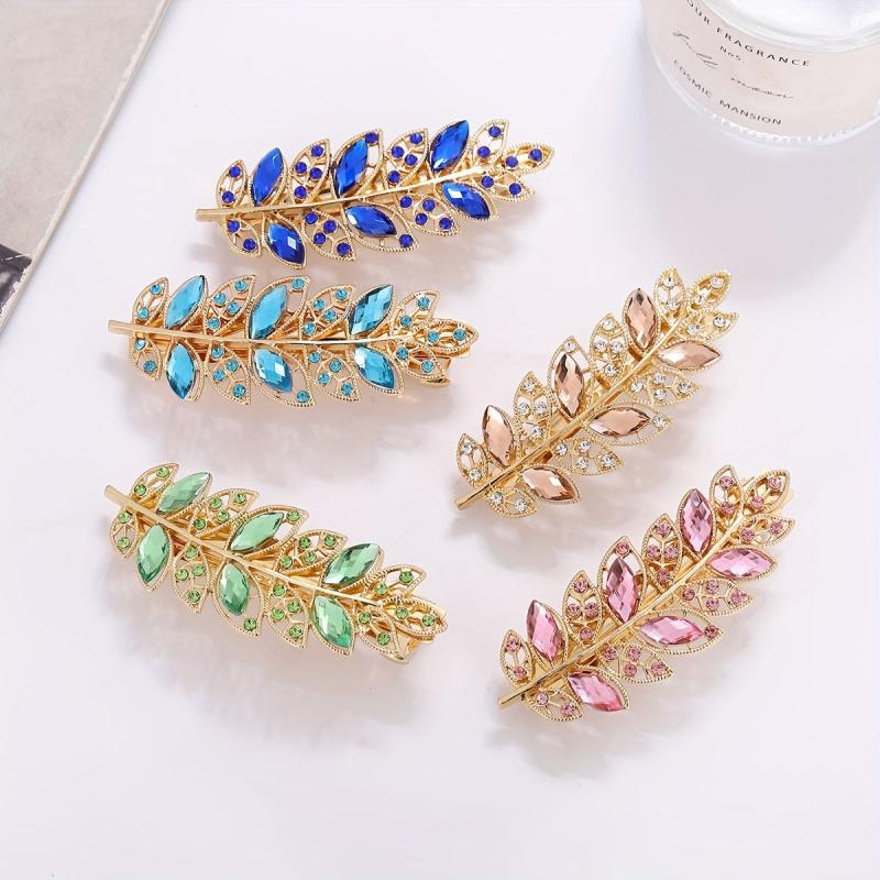 Rhinestone Metal Leaves Hair Clip Barrette Side Clip Sweet Leaf Duck Billed Clip
