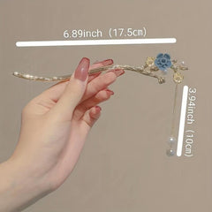 Flower Hair Stick Faux Pearl Tassel Hair Fork Ponytail Bun Holder