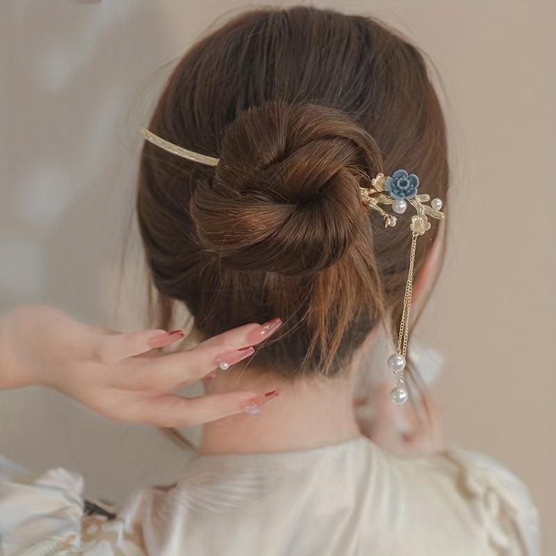 Flower Hair Stick Faux Pearl Tassel Hair Fork Ponytail Bun Holder