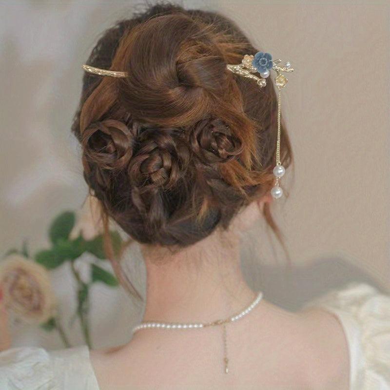 Flower Hair Stick Faux Pearl Tassel Hair Fork Ponytail Bun Holder