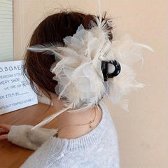 Large Yarn Hair Claw Clip with Faux Pearl and Simulation Feather