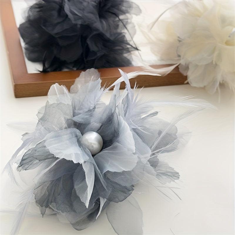 Large Yarn Hair Claw Clip with Faux Pearl and Simulation Feather