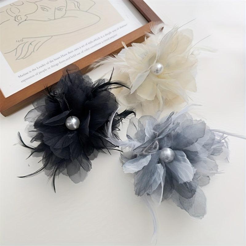 Large Yarn Hair Claw Clip with Faux Pearl and Simulation Feather