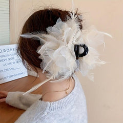 Large Yarn Hair Claw Clip with Faux Pearl and Simulation Feather