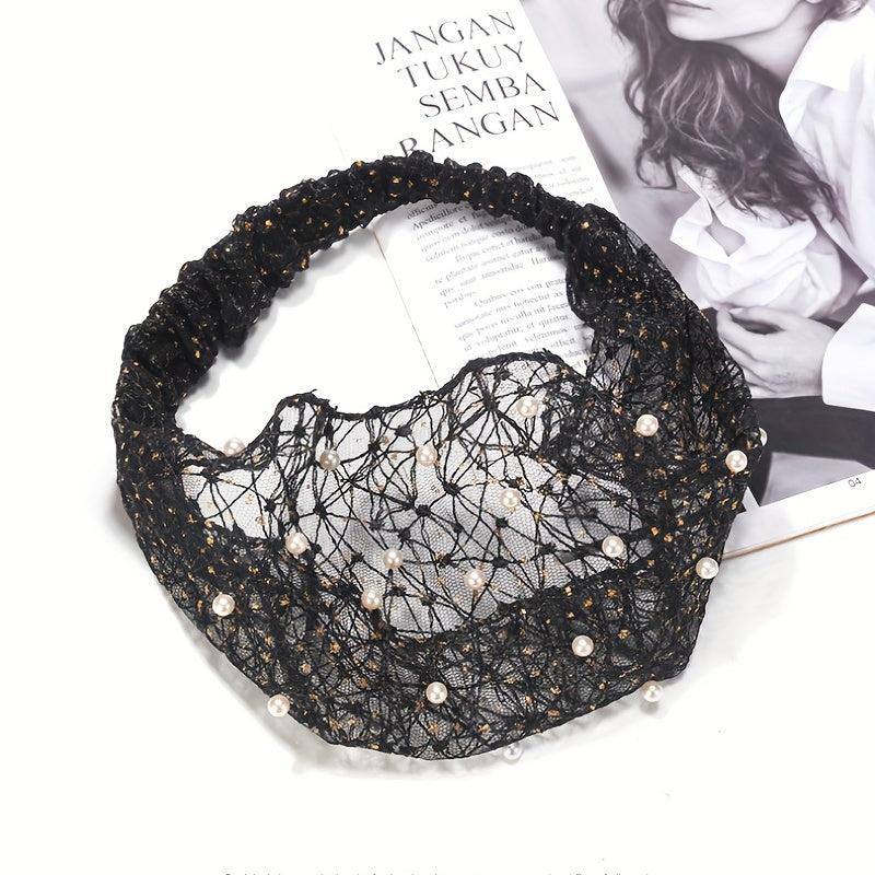 Vintage Boho Bandana Headband with Faux Pearl Stretch