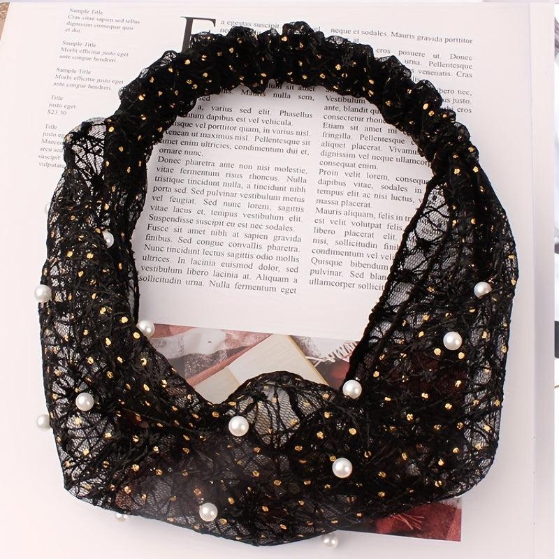 Vintage Boho Bandana Headband with Faux Pearl Stretch