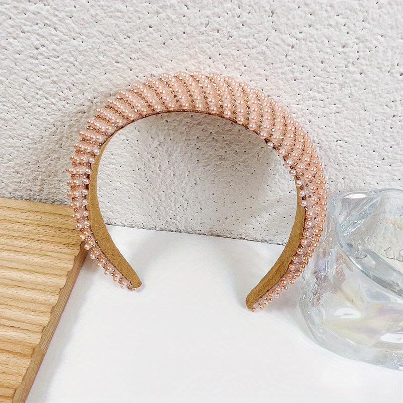 Baroque Faux Pearl Headband Wide Head Hoop with Rhinestone Head
