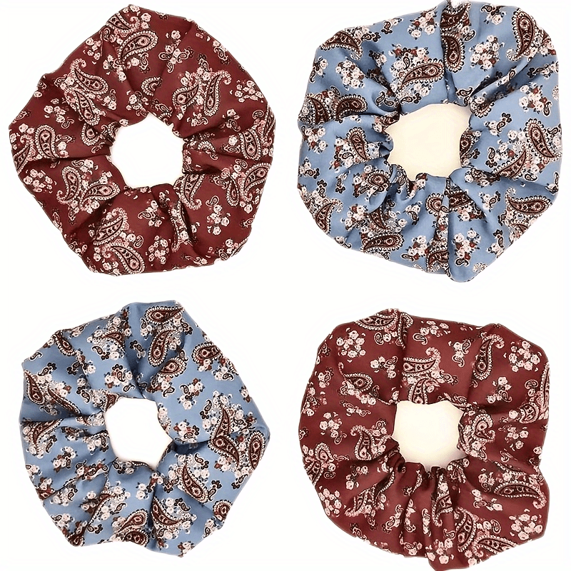 4pcs Boho Paisley Print Scrunchies Hair Tie Elastic Ponytail Holder