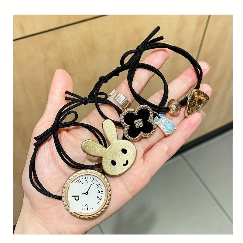10 Pcs Cartoon Animal Hair Tie Rhinestone Beaded Hair Ring