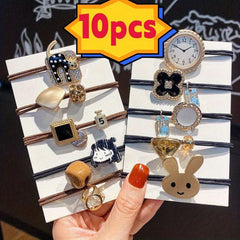 10 Pcs Cartoon Animal Hair Tie Rhinestone Beaded Hair Ring