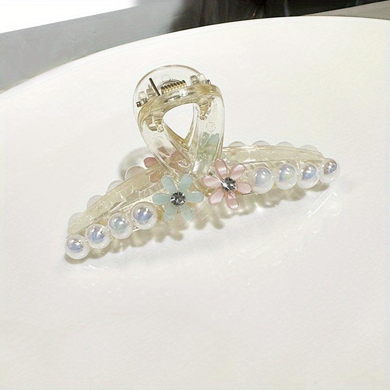 Faux Pearl Hair Claw With Flower Jelly Hair Claw Ponytail Holder