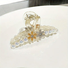 Faux Pearl Hair Claw With Flower Jelly Hair Claw Ponytail Holder