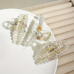 Faux Pearl Hair Claw With Flower Jelly Hair Claw Ponytail Holder