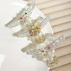 Faux Pearl Hair Claw With Flower Jelly Hair Claw Ponytail Holder