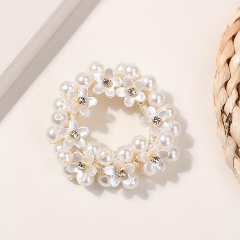 Faux Pearl Hair Rope Ponytail Hair Tie Flower Head Jewelry