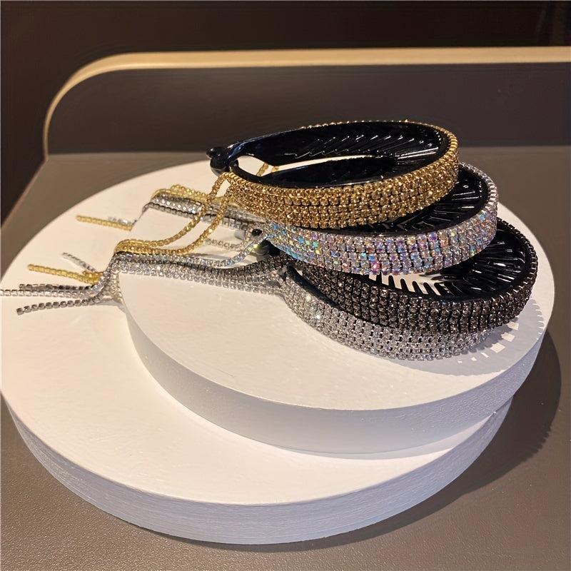 Rhinestone Hairband With Tassel for Women Ponytail Hairpin