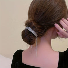Rhinestone Hairband With Tassel for Women Ponytail Hairpin