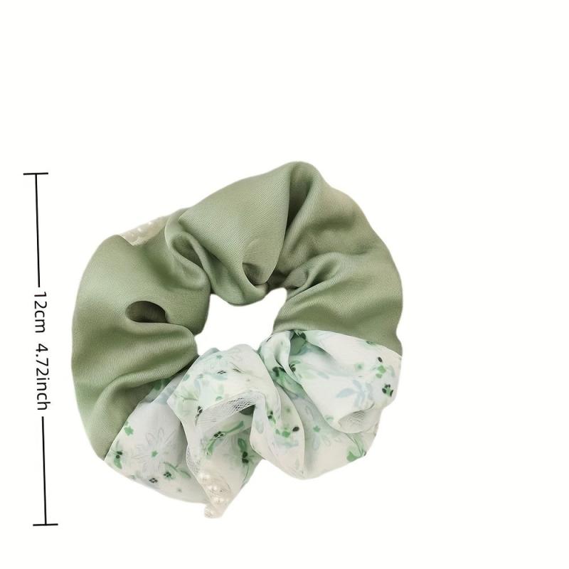Floral Print Scrunchies Hair Tie Faux Pearl Brim Hair Rope